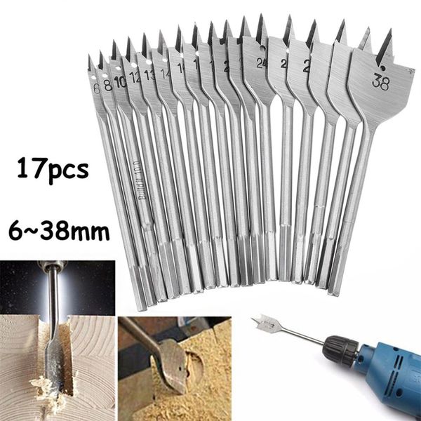 17pcs flat wood drill bits set bit metric sizes 6-38mm woodworking machine hexagonal handle wallated wood open hole
17pcs flat wood drill bits set bit metric sizes 6-38mm woodworking machine hexagonal handle wallated wood open hole