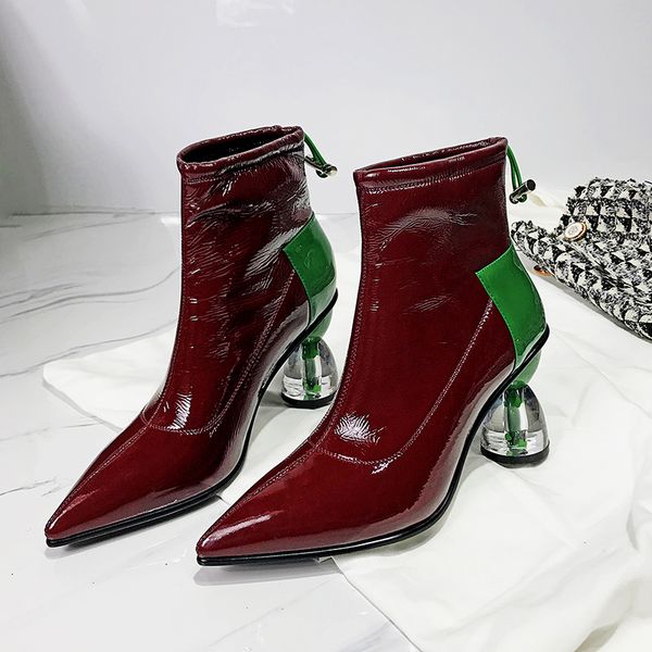 lidian 2019 fashion stretch patent leather boots black wine leather pointed toe green transparent heels
lidian 2019 fashion stretch patent leather boots black wine leather pointed toe green transparent heels