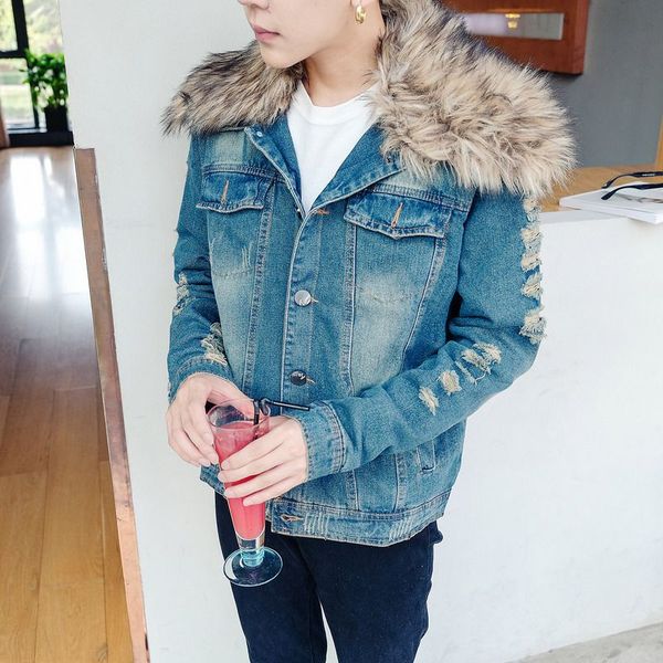 new winter men ripped jean coat male denim jacket with faux fur collar fall men warm clothing outwear jaqueta masculina 101608, Black;brown
new winter men ripped jean coat male denim jacket with faux fur collar fall men warm clothing outwear jaqueta masculina 101608, Black;brown