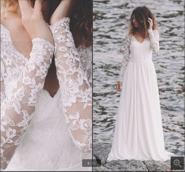 lace wedding dress long sleeve boho beach bridal dresses 2019 chiffon v neck open back elegant summer wedding dresses, White
lace wedding dress long sleeve boho beach bridal dresses 2019 chiffon v neck open back elegant summer wedding dresses, White