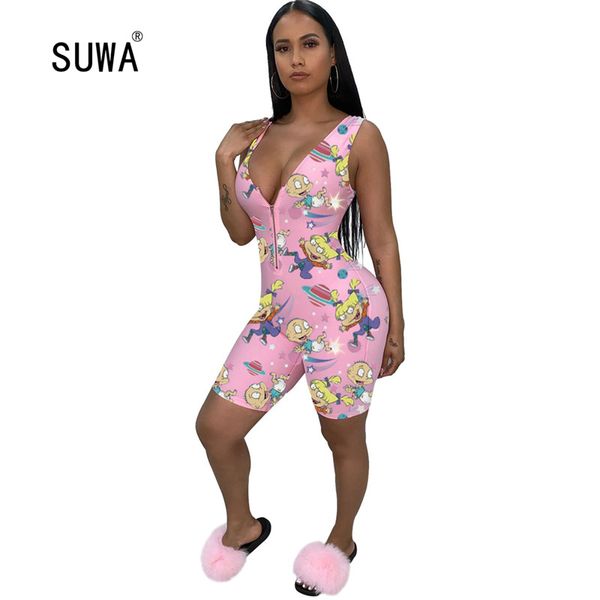 summer front zipper korea one piece overalls women cartoon character print bodycon jumpsuit casual sleeveless short playsuit, Black;white
summer front zipper korea one piece overalls women cartoon character print bodycon jumpsuit casual sleeveless short playsuit, Black;white