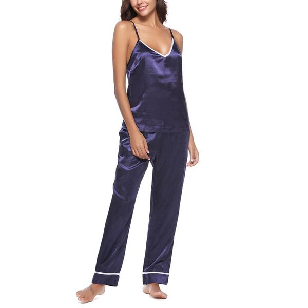 women summer faux silk pajamas set deep v-neck spaghetti straps tank full length solid color long pants sleepwear, Blue;gray
women summer faux silk pajamas set deep v-neck spaghetti straps tank full length solid color long pants sleepwear, Blue;gray