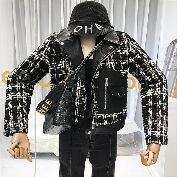 tweed women leather coats jackets 2019 fall streetwear pockets turn-down collar fasihon women's jackets patchwork pu coat py87, Black
tweed women leather coats jackets 2019 fall streetwear pockets turn-down collar fasihon women's jackets patchwork pu coat py87, Black