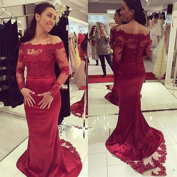dark red prom dress off shoulder sheer long sleeves mermaid evening gowns custom made applique lace special occasion dress, Black
dark red prom dress off shoulder sheer long sleeves mermaid evening gowns custom made applique lace special occasion dress, Black
