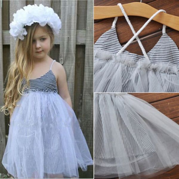 

2018 New Kids Baby Girls Striped Tulles Dress Sleeveless Backless Summer Strappy Dress Princess Party Pageant Tutu Dresses