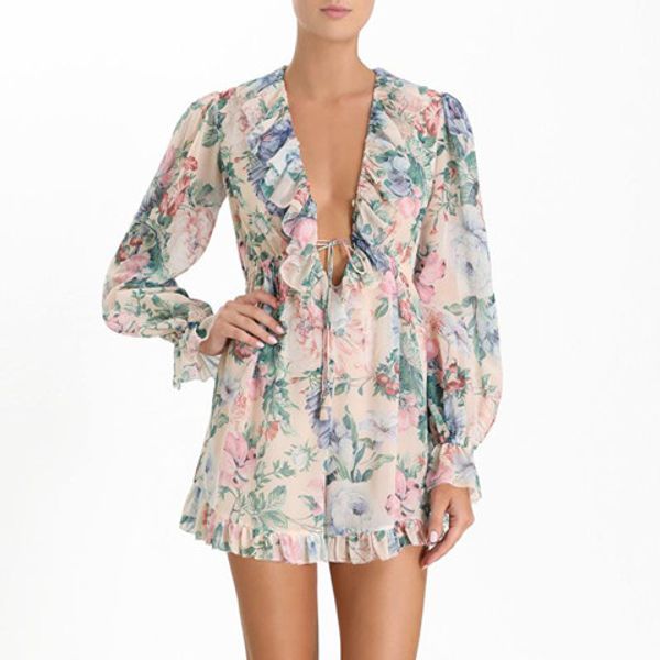 women's new 2019 summer linen + silk printing v-neck long sleeve lacing ruffle fashion playsuits, Black;white
women's new 2019 summer linen + silk printing v-neck long sleeve lacing ruffle fashion playsuits, Black;white