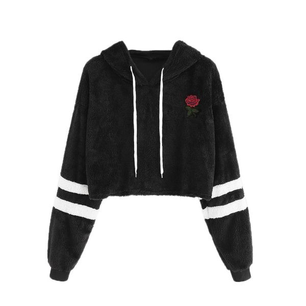 

moda mujer 2018 fashion women autumn sweatshirts casual long sleeve appliques drawstring teddy hoodie sweatshirt sudadera mujer, Black