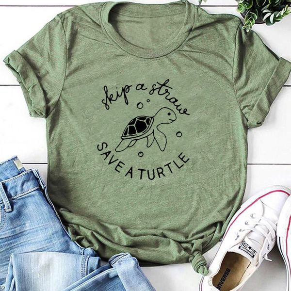 skip a straw save a turtle t shirt protect ocean slogan women tshirt streetwear trendy shirts hipster cotton drop shipping cx200605, White