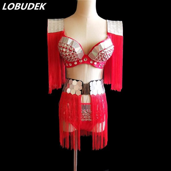 female sparkly mirrors bra red tassels belt shorts 3 piece sets crystals bikini nightclub clothes dj singer stage costume, Black;red
female sparkly mirrors bra red tassels belt shorts 3 piece sets crystals bikini nightclub clothes dj singer stage costume, Black;red
