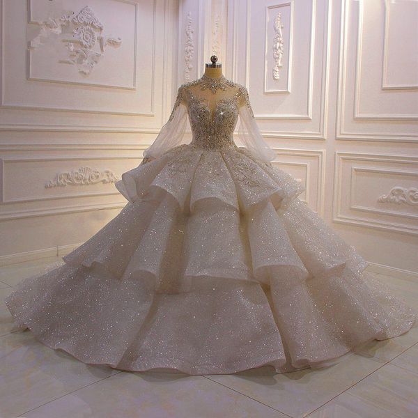 real pictures high neck ball gown wedding dresses with poet long sleeves luxury crystal beaded saudi arabian dubai bridal gown plus size, White
real pictures high neck ball gown wedding dresses with poet long sleeves luxury crystal beaded saudi arabian dubai bridal gown plus size, White