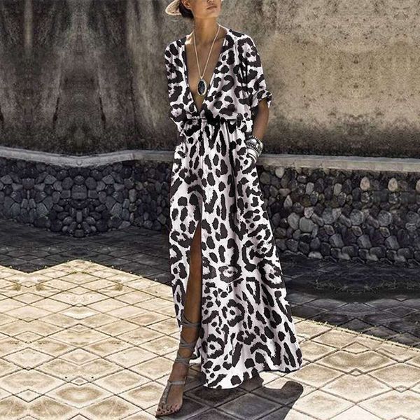 women leopard print dress 2020 vonda autumn v neck high waist split maxi long beach party dresses casual vestidos plus size, White;black
women leopard print dress 2020 vonda autumn v neck high waist split maxi long beach party dresses casual vestidos plus size, White;black