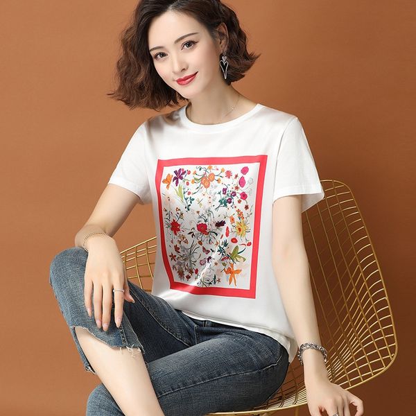 2020 women's silk t-shirt printing coat t-shirt casual stitching cotton short sleeve silk flower and bird top, White
2020 women's silk t-shirt printing coat t-shirt casual stitching cotton short sleeve silk flower and bird top, White