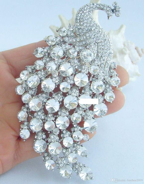 4.33" bird peacock brooch pin w clear rhinestone crystals ee05651c5, Gray 
4.33" bird peacock brooch pin w clear rhinestone crystals ee05651c5, Gray