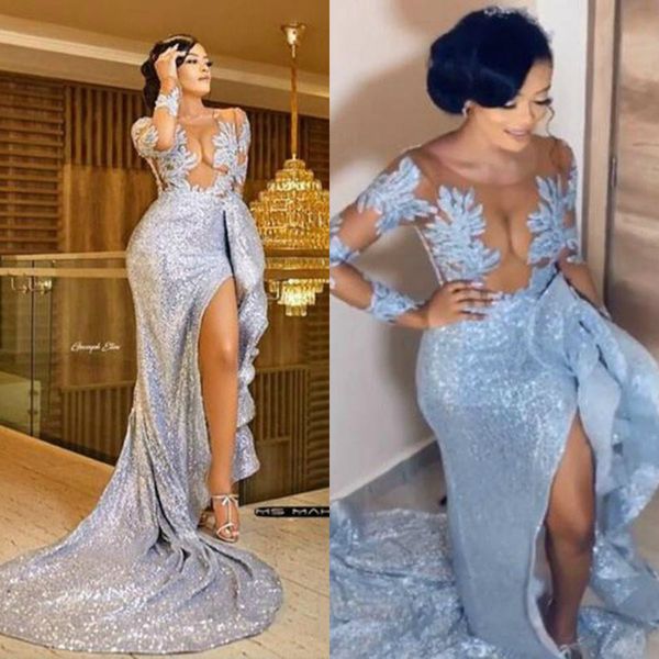 high split mermaid prom dresses 2020 silver illusion long sleeve sheer sparkle sequined sweep train evening gowns, Black;red
high split mermaid prom dresses 2020 silver illusion long sleeve sheer sparkle sequined sweep train evening gowns, Black;red