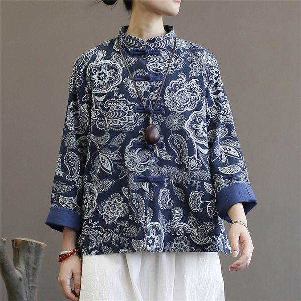 women vintage blue and white shirts pankou cotton linen blouses long sleeve button stand collar female chinese shirt
women vintage blue and white shirts pankou cotton linen blouses long sleeve button stand collar female chinese shirt