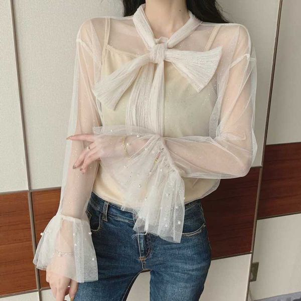 vintage 2 pieces set mesh beading bow blouse shirt women see through lace up chiffon female casual blusas 2020, White
vintage 2 pieces set mesh beading bow blouse shirt women see through lace up chiffon female casual blusas 2020, White