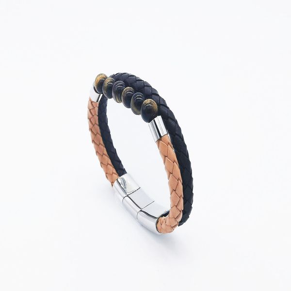 beaded strands leather fashion design bracelet stainless steel men women natural stone dark brown braid leather, Black
beaded strands leather fashion design bracelet stainless steel men women natural stone dark brown braid leather, Black