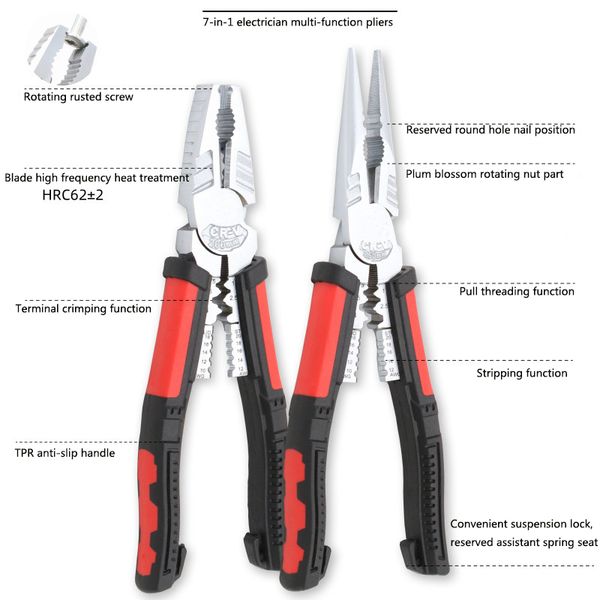 7-in-1 electrician multi-function pliers, wire stripping crimping pliers cable tools hrc62±2 wire cutter needle nose plier
7-in-1 electrician multi-function pliers, wire stripping crimping pliers cable tools hrc62±2 wire cutter needle nose plier
