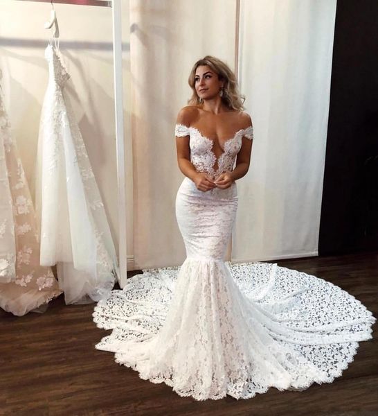 2022 elegant full lace mermaid wedding dresses sheer backless with buttons off the shoulder long train bride wedding gowns bc2771, White
2022 elegant full lace mermaid wedding dresses sheer backless with buttons off the shoulder long train bride wedding gowns bc2771, White