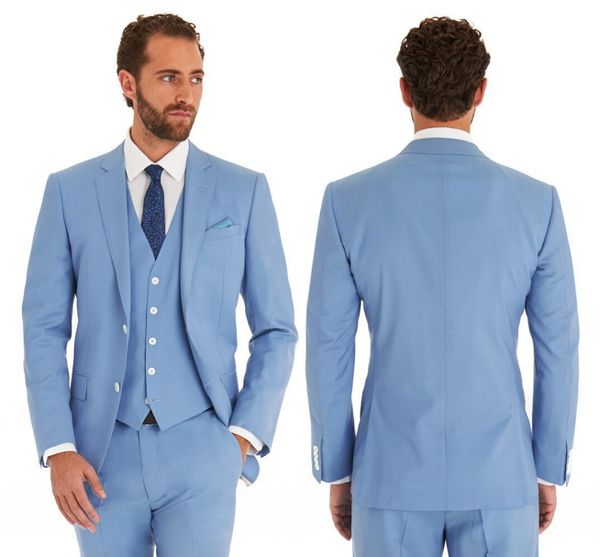 

Sky Blue Wedding Suits Slim Fit Bridegroom Tuxedos For Men 3 Pieces Groomsmen Suit Formal Business Jacket Custom Made (Jacket+Pants+Vest)