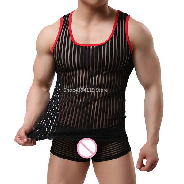 men semi transparent striped tanks undershirt lingerie o neck sleeveless colete masculino wrestling undershirt for man, Black;brown
men semi transparent striped tanks undershirt lingerie o neck sleeveless colete masculino wrestling undershirt for man, Black;brown