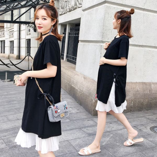 maternity clothing summer new round neck fashion mid-length solid color stripes stitching chiffon pleated maternity dress, White
maternity clothing summer new round neck fashion mid-length solid color stripes stitching chiffon pleated maternity dress, White