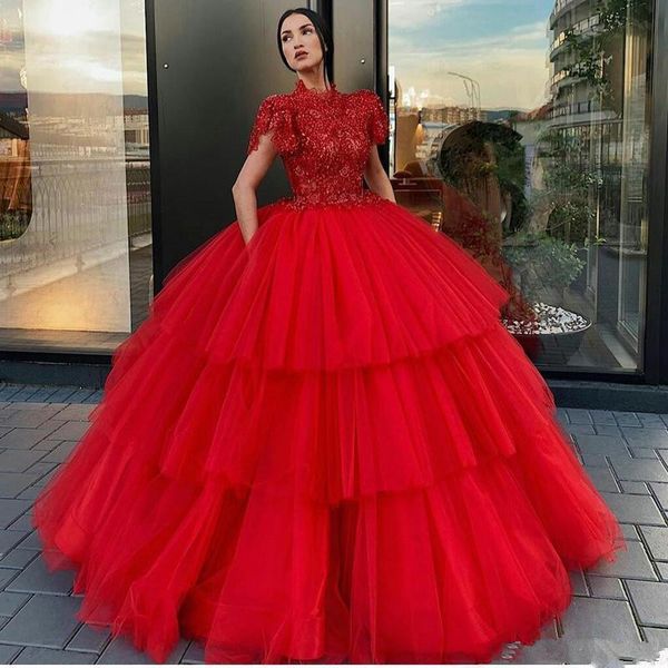 luxury red ball gown prom dresses high neck lace appliqued beading evening gowns floor length tiered special occasion dress, Black
luxury red ball gown prom dresses high neck lace appliqued beading evening gowns floor length tiered special occasion dress, Black