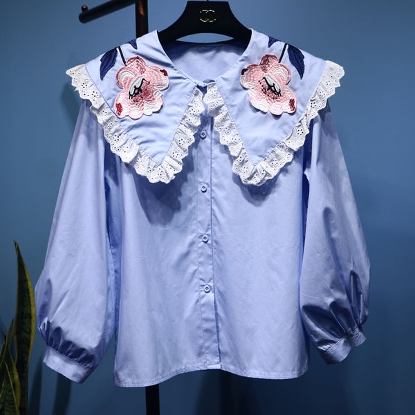 sweet embroidered big flower doll collar blouse women fashion lantern sleeve loose doll shirt girls lady loose blusas cotton, White 
sweet embroidered big flower doll collar blouse women fashion lantern sleeve loose doll shirt girls lady loose blusas cotton, White
