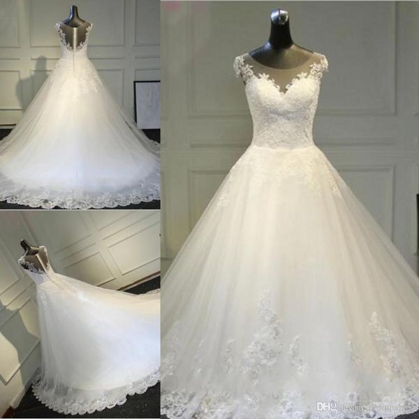 capped sleeves a line wedding dresses with lace appliques tulle new button covered bride dresses for marrige, White
capped sleeves a line wedding dresses with lace appliques tulle new button covered bride dresses for marrige, White