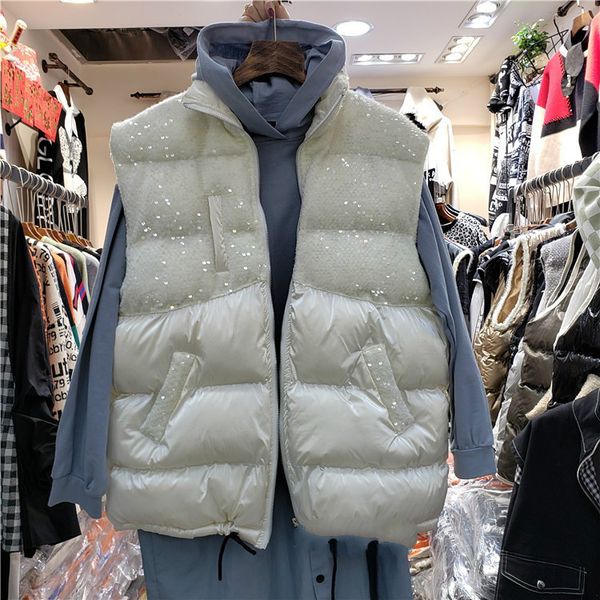 european 2020 winter new heavy sequin stand collar zipper cotton vest jacket women bright padded vest waist coat trend, Black;white
european 2020 winter new heavy sequin stand collar zipper cotton vest jacket women bright padded vest waist coat trend, Black;white