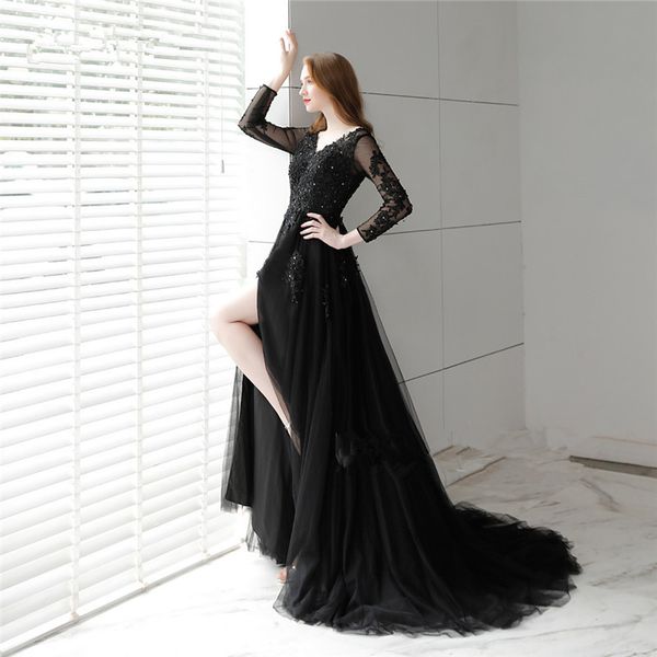 setwell black tulle a line evening dresses custom sweep train 3/4 sleeves evening gowns v neck prom dress robe de soiree, Black;red
setwell black tulle a line evening dresses custom sweep train 3/4 sleeves evening gowns v neck prom dress robe de soiree, Black;red