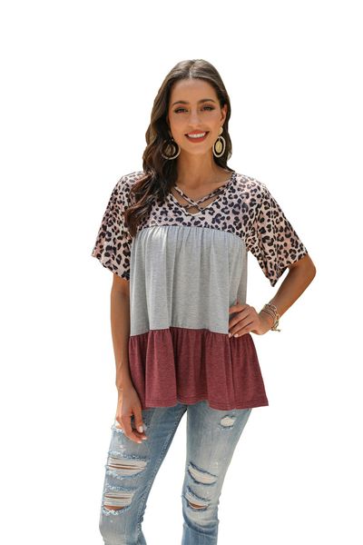designers women leopard summer tees fashion v neck panelled ladies shirts casual short sleeved females tees, White
designers women leopard summer tees fashion v neck panelled ladies shirts casual short sleeved females tees, White