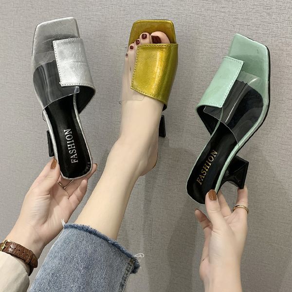 shoes women slippers heels square toe jelly slides pantofle shallow fashion soft high thin transparent summer 2020 pu, Black