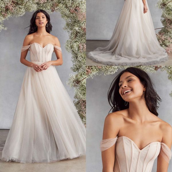a line wedding dress off shoulder button tulle wedding dresses sweep train boho bridal gowns, White
a line wedding dress off shoulder button tulle wedding dresses sweep train boho bridal gowns, White