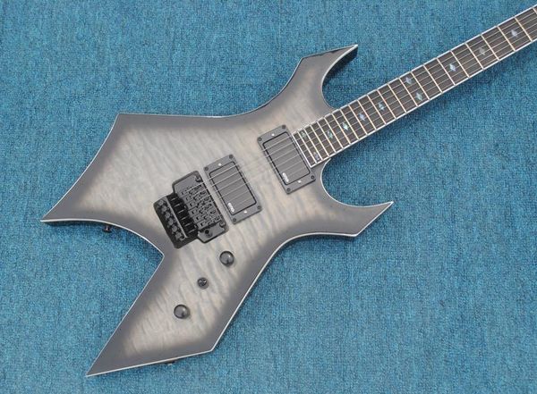 

rare 24 frets rich warlock grey black edge quilted maple electric guitar floyd rose tremolo, emg active pickup 9v battery, abalone inlay