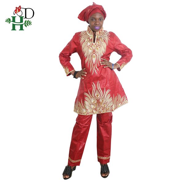 h&d fashion 2019 new african clothing bazin for lady trousers three 3 piece set women pant suit hm68 plus size, Red