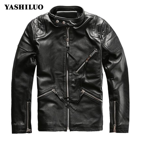 2019 new stand collar pockets mens slim fit cow genuine leather short jackets motorcycle coat for male plus size campera hombre, Black 
2019 new stand collar pockets mens slim fit cow genuine leather short jackets motorcycle coat for male plus size campera hombre, Black