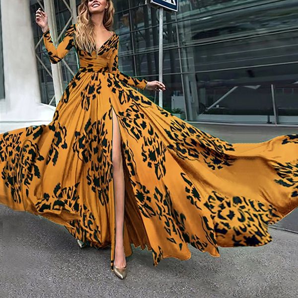 women's v-neck printed beach boho dress elegant vintage split long maxi dress long sleeve party banquet evening vestido, Black;gray
women's v-neck printed beach boho dress elegant vintage split long maxi dress long sleeve party banquet evening vestido, Black;gray
