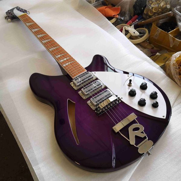 

330 360 6 strings purple burst semi hollow body electric guitar rounded corner, varnish red fingerboard, 3 toaster pickups, vintage tuners,