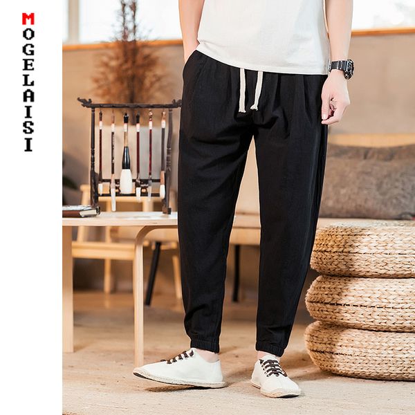

2019 new mens linen pants solid breathable elastic waist loose trousers plus size 5xl cotton linen casual pants 303-k801, Black