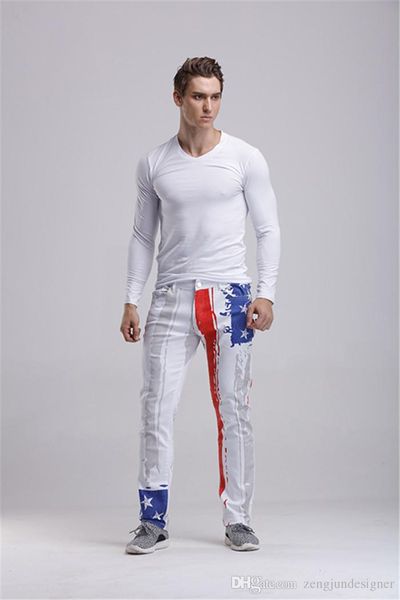 mens fashion designer casual jeans long stragiht pants regular homme clothing american flag print casual apparel, Blue 
mens fashion designer casual jeans long stragiht pants regular homme clothing american flag print casual apparel, Blue