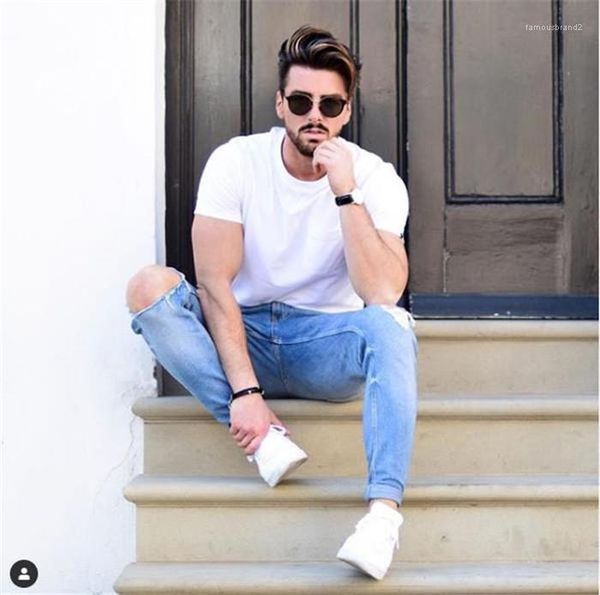 casual jeans fashion light colored mid rise tights homme ripped jeans spring mens designer, Blue
casual jeans fashion light colored mid rise tights homme ripped jeans spring mens designer, Blue