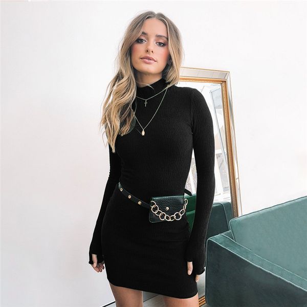 gloves long sleeve women dresses solid color casual slim high collar fashion women party dresses, Black;gray 
gloves long sleeve women dresses solid color casual slim high collar fashion women party dresses, Black;gray