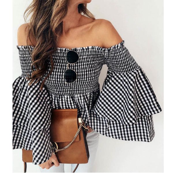 summer flare sleeve black white plaid shirred blouse women long sleeve off the shoulder blouse top
summer flare sleeve black white plaid shirred blouse women long sleeve off the shoulder blouse top