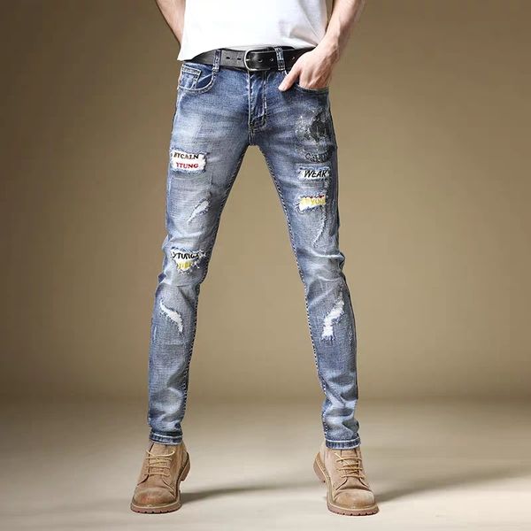 new fashion male men's 2020 jeans slim punk trend hip hop rhinestone ripped patch embroidery fashion trousers, Blue
new fashion male men's 2020 jeans slim punk trend hip hop rhinestone ripped patch embroidery fashion trousers, Blue