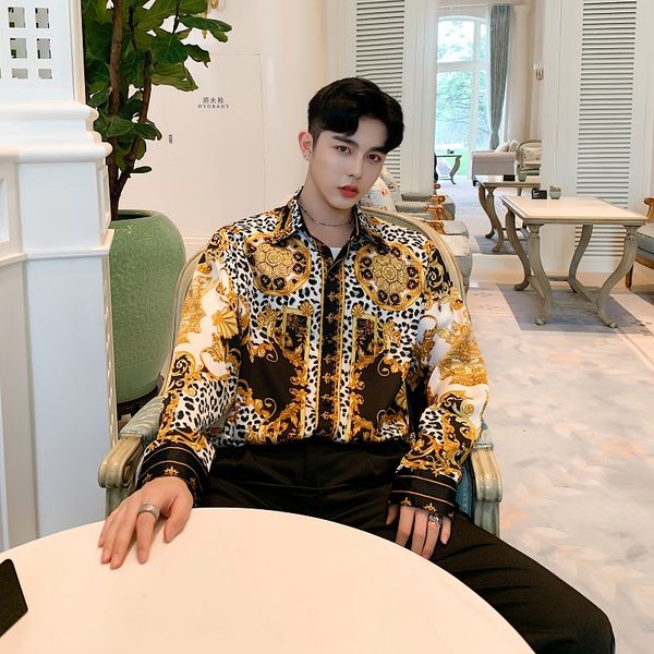 men long sleeve satin style vintage print loose casual chic shirt male streetwear hip hop party dress shirts stage show costumes, White;black
men long sleeve satin style vintage print loose casual chic shirt male streetwear hip hop party dress shirts stage show costumes, White;black