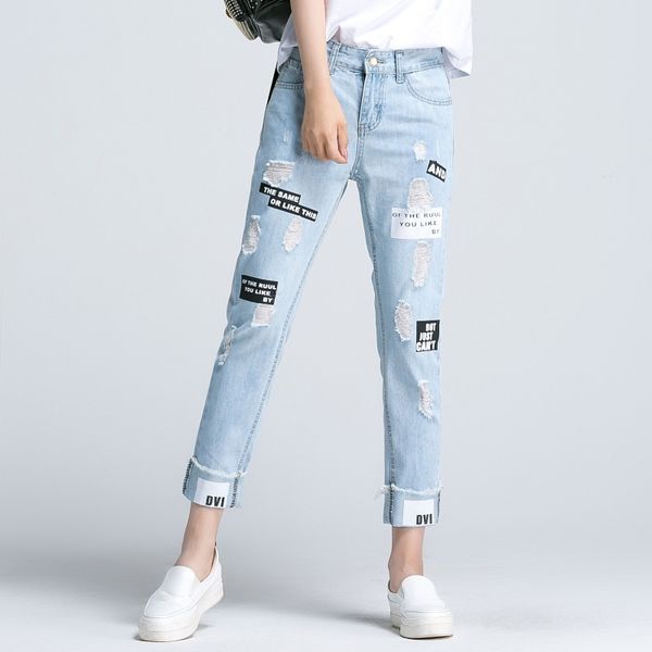 

women destroyed ripped denim jeans with hole raw hem prints casual loose jeans long pants light blue