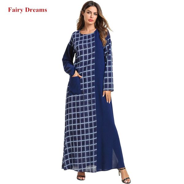 

long muslim dress women maxi abaya plus size islamic clothing 4xl kaftan pakistan turkish moroccan blue plaid pocket casual robe, Red