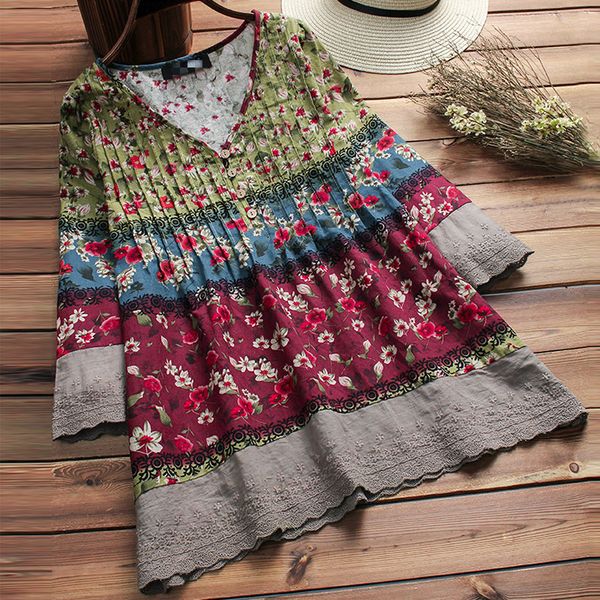 autumn women's blouse vintage v neck 3/4 sleeve boho floral printed loose flower shirt female cotton linen lace patchwork top, White 
autumn women's blouse vintage v neck 3/4 sleeve boho floral printed loose flower shirt female cotton linen lace patchwork top, White