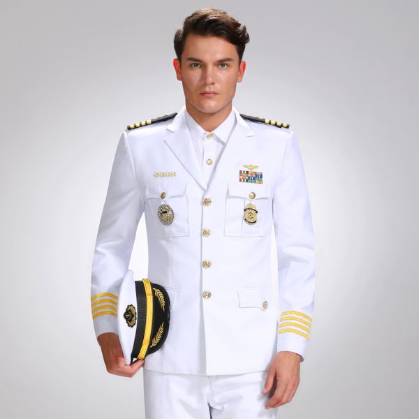 men's luxurious admiral uniform sets navy ship sailor uniforms stage performance costume white wedding uniform suits, White;black
men's luxurious admiral uniform sets navy ship sailor uniforms stage performance costume white wedding uniform suits, White;black